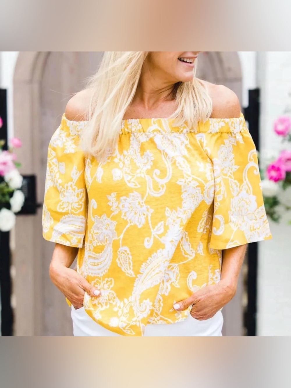 Chico’s Yellow Paisley Off Shoulder Blouse